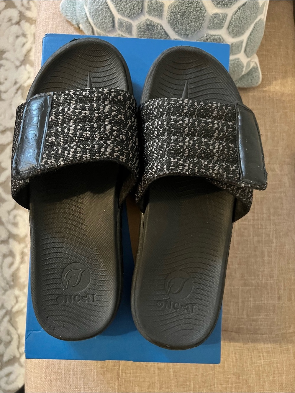 Comfort Slide Sandals with Black & Gray Knit Strap